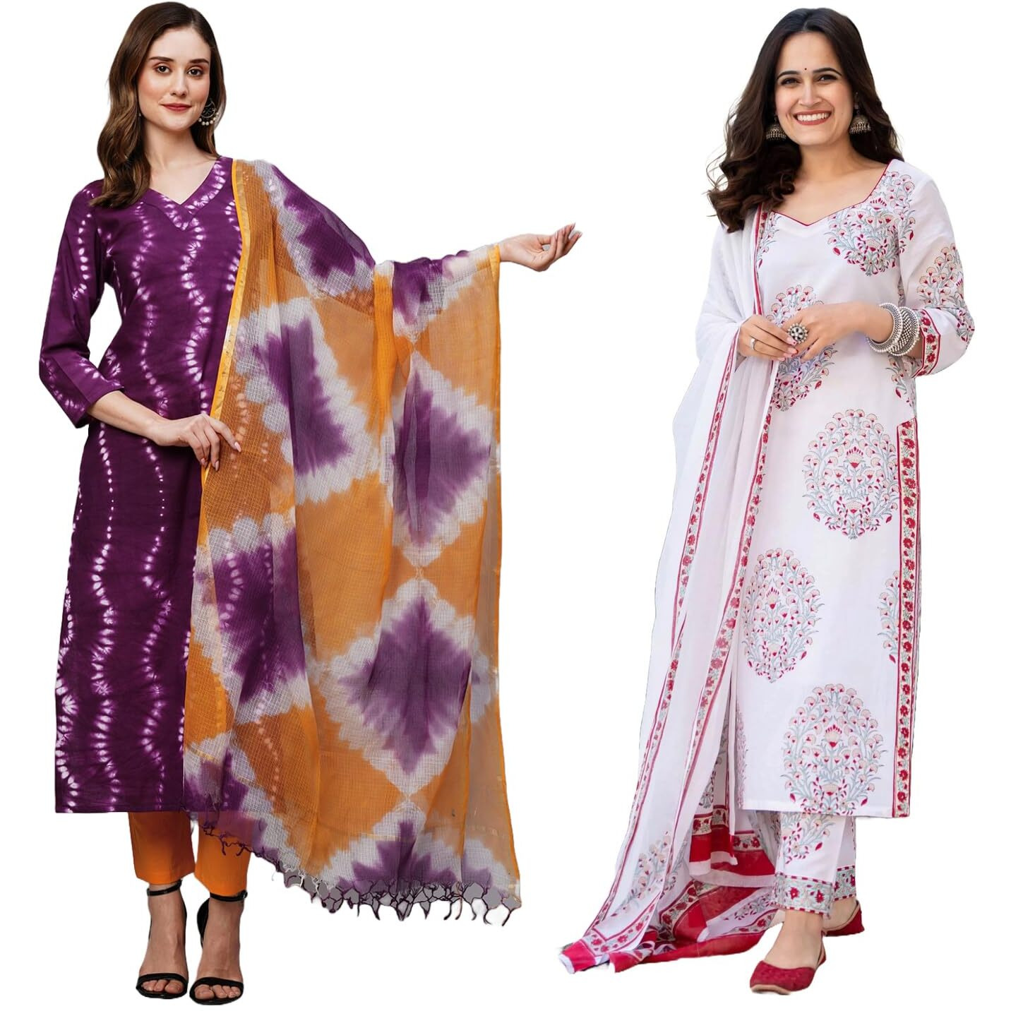 ANNI DESIGNER Women's Cotton Blend Printed Straight Kurta with Pant & Dupatta Pack of 2 (Combo-Mukhi Pink-Cup-Off White_XL_Multi_X-Large)