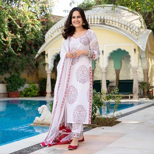 ANNI DESIGNER Women's Cotton Blend Printed Straight Kurta with Pant & Dupatta Pack of 2 (Combo-Mukhi Pink-Cup-Off White_XL_Multi_X-Large)