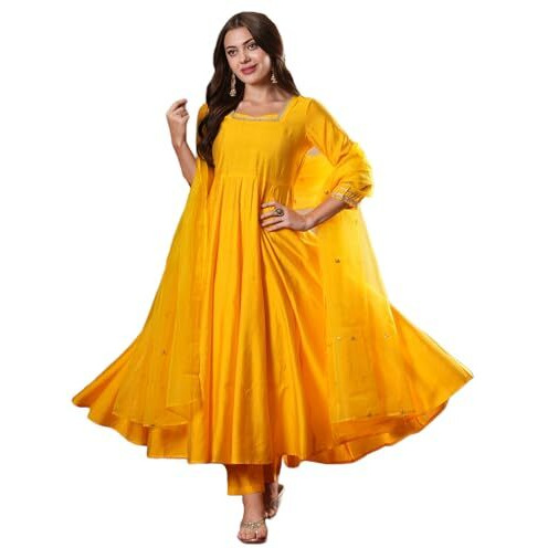 ANNI DESIGNER Women's Rayon Blend Anarkali Solid Kurta with Pant & Dupatta (SITAPATI YELLOW-VKS01_XL_Yellow_X-Large)