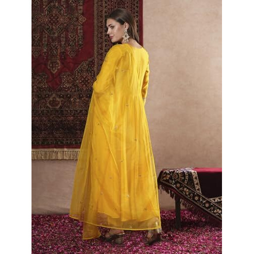 ANNI DESIGNER Women's Rayon Blend Anarkali Solid Kurta with Pant & Dupatta (SITAPATI YELLOW-VKS01_XL_Yellow_X-Large)