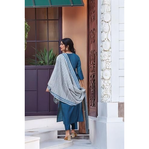 ANNI DESIGNER Women's Rayon Viscose Solid Straight Kurta with Pant & Dupatta (VARDHAN Blue_L_Blue_Large)