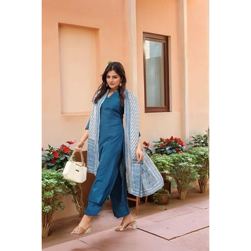ANNI DESIGNER Women's Rayon Viscose Solid Straight Kurta with Pant & Dupatta (VARDHAN Blue_L_Blue_Large)