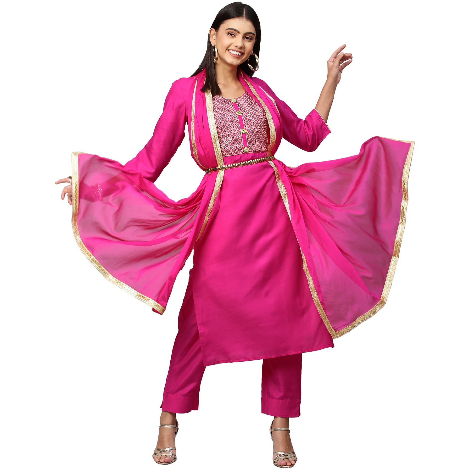 ANNI DESIGNER Women's Cotton Blend Embroidered Straight Kurta with Pant & Dupatta (Lissy New Pink_M_Pink_Medium)