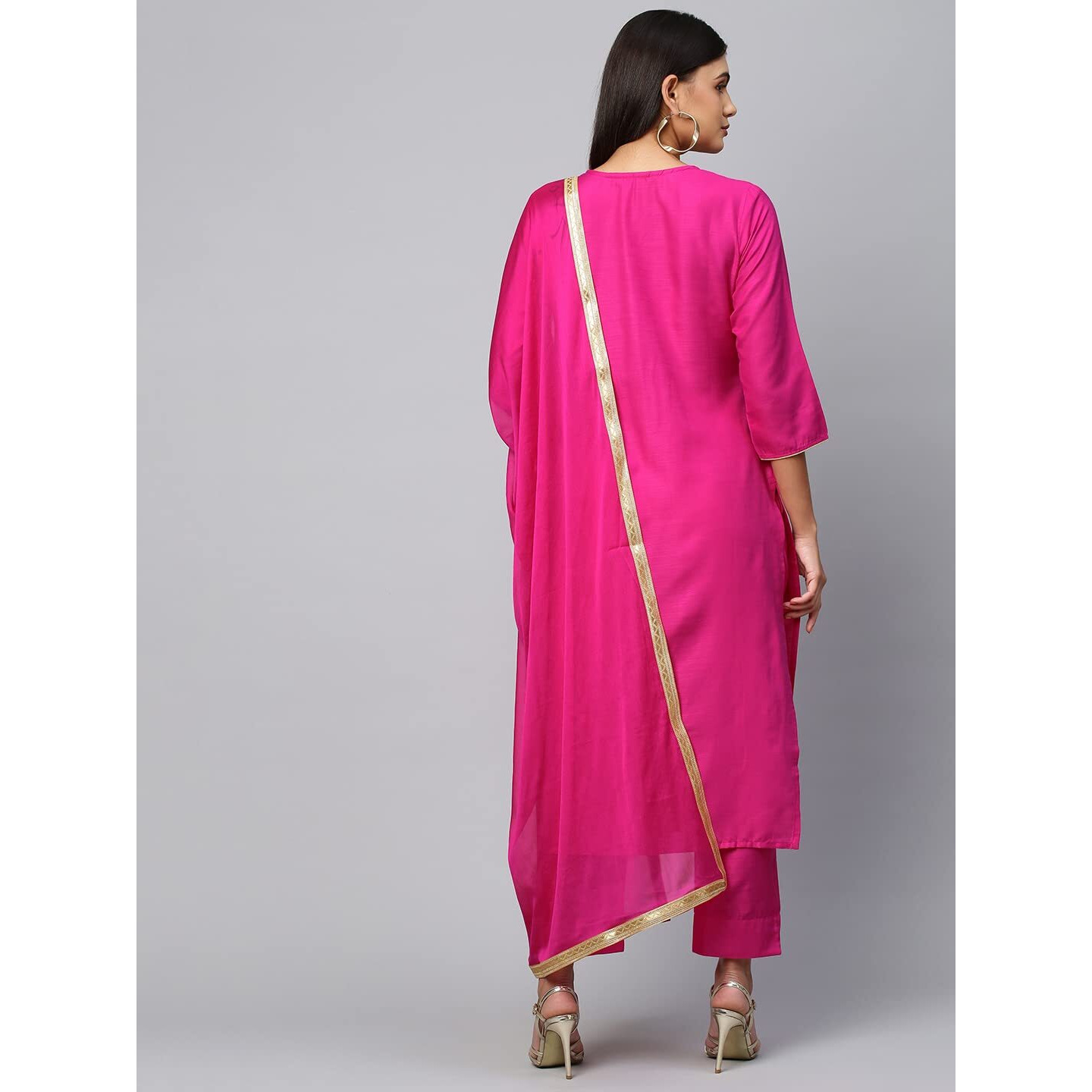 ANNI DESIGNER Women's Cotton Blend Embroidered Straight Kurta with Pant & Dupatta (Lissy New Pink_M_Pink_Medium)