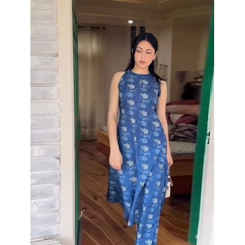 ANNI DESIGNER Women's Rayon Viscose Printed A-Line Kurta with Pant (Aashvi Blue_M_Blue_Medium)