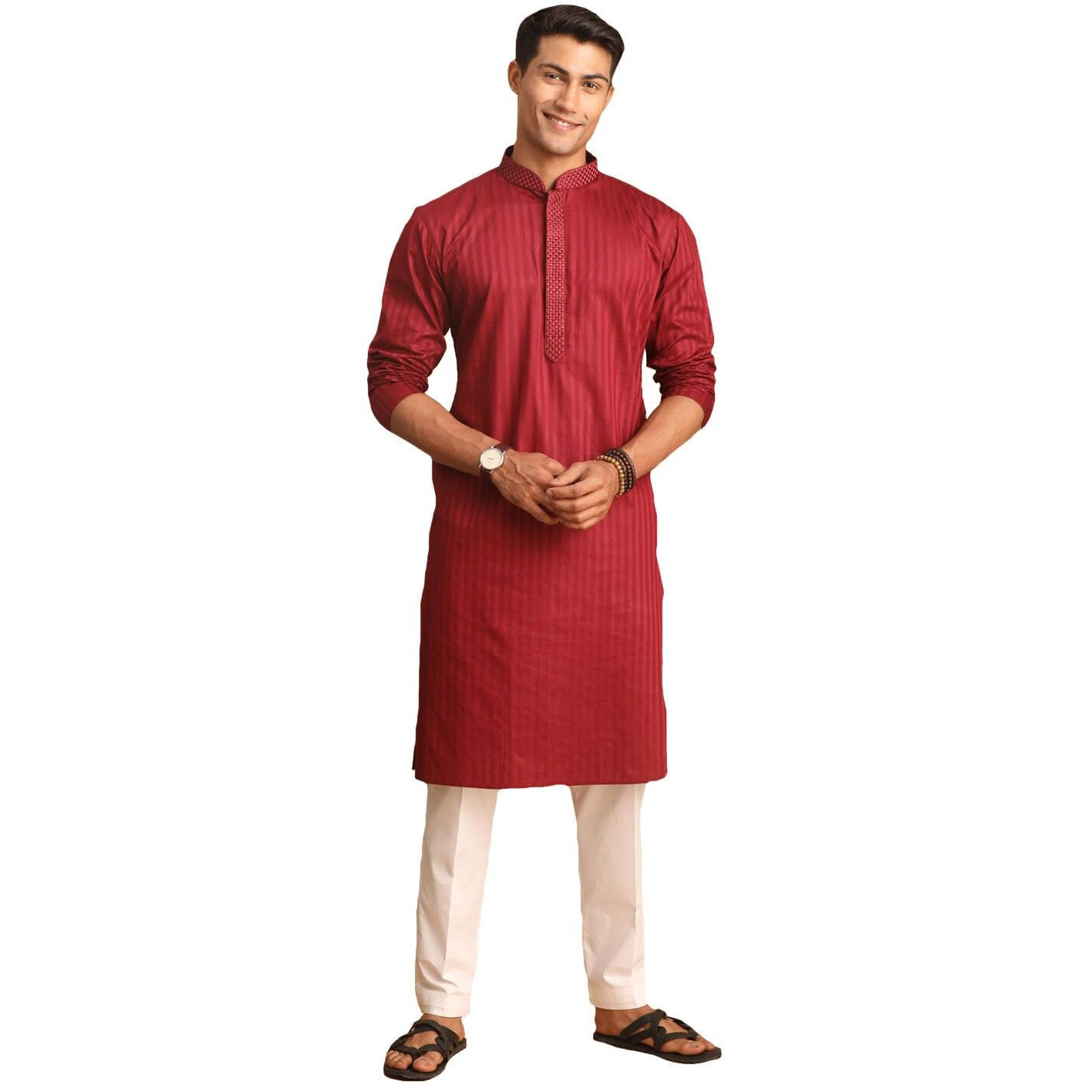 VASTRAMAY Men's Maroon And White Cotton Blend Kurta Pyjama Set-KL5_VASMK194MAnPANT001WH_40