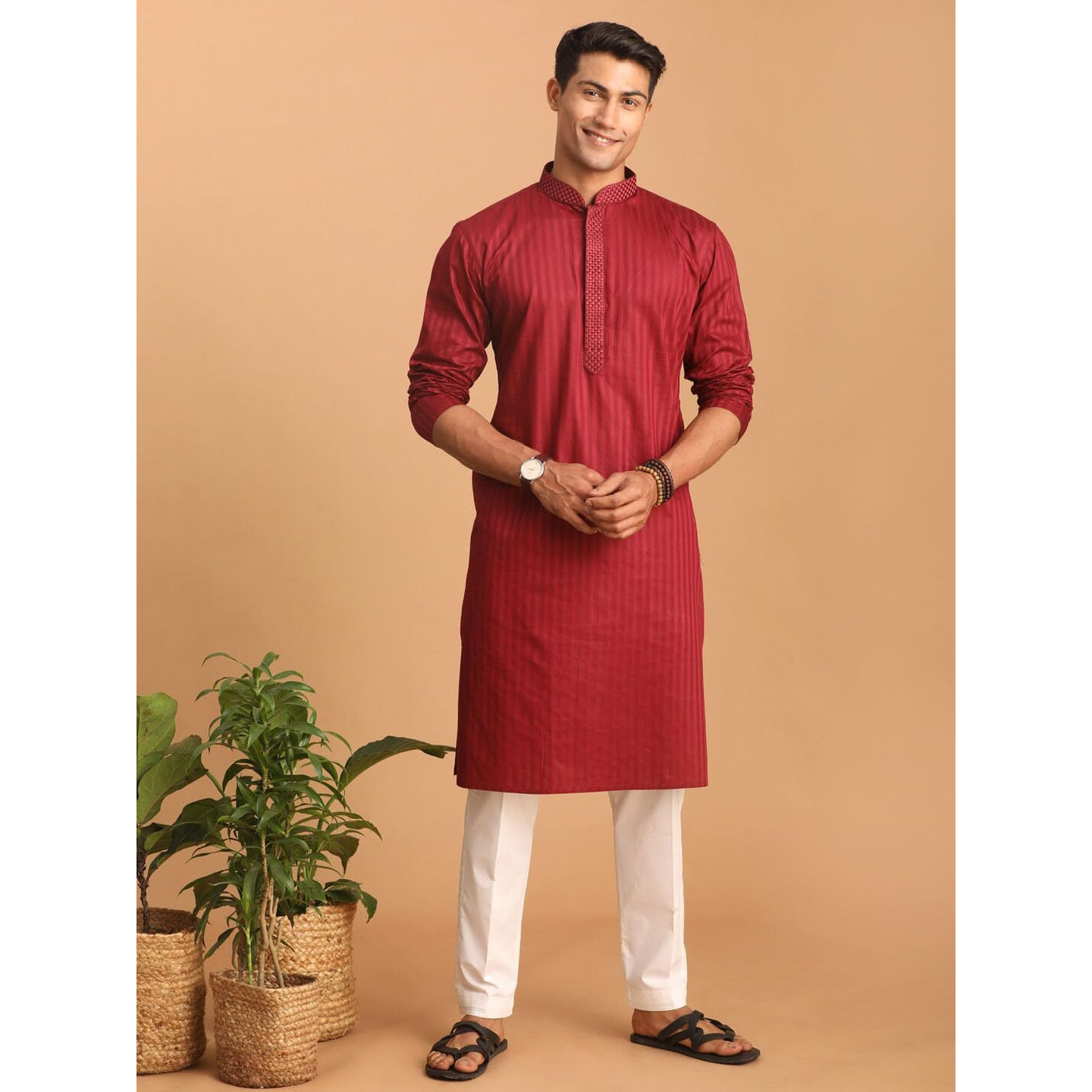 VASTRAMAY Men's Maroon And White Cotton Blend Kurta Pyjama Set-KL5_VASMK194MAnPANT001WH_40