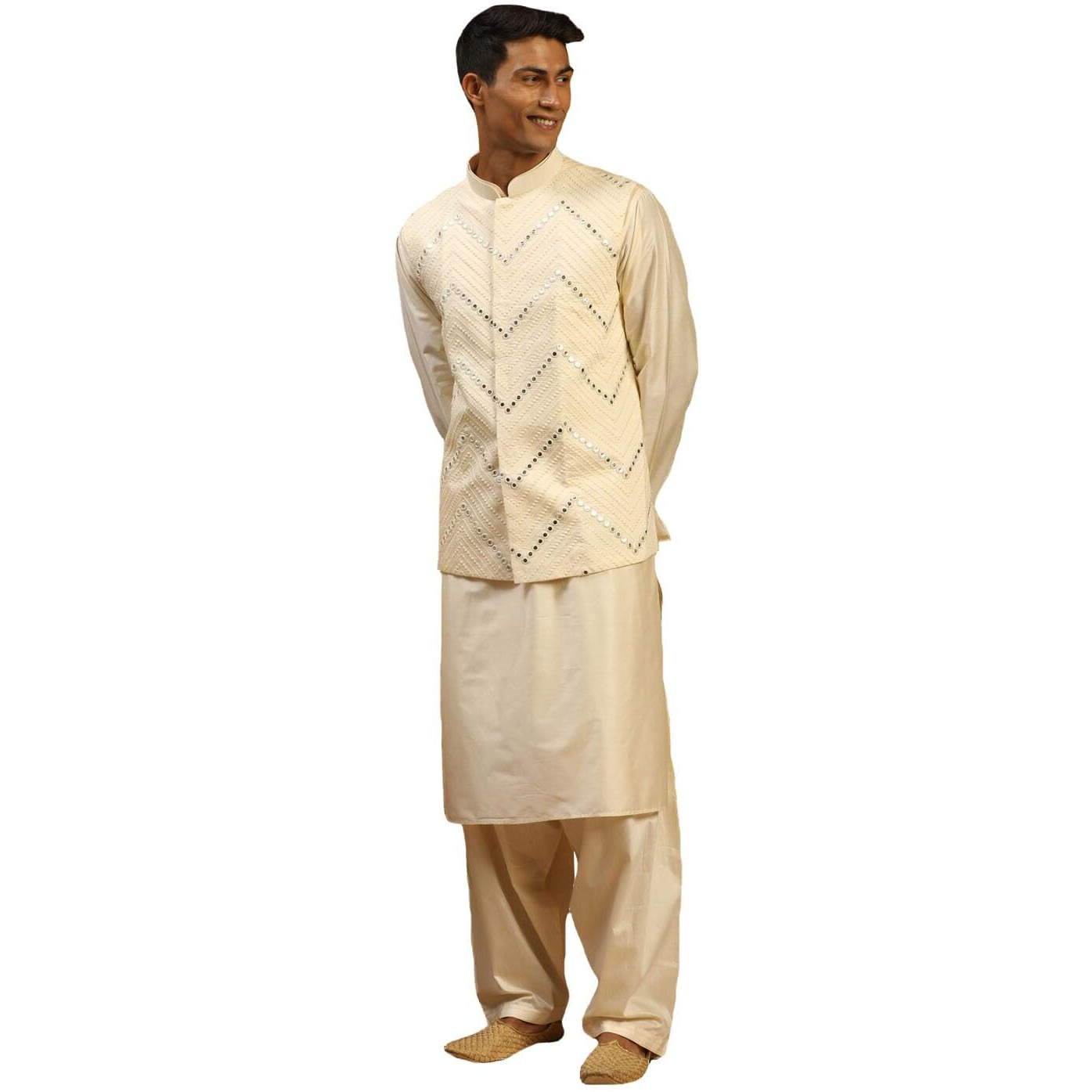 VASTRAMAY Men's Cream Viscose Jacket, Kurta and Pyjama Set | Mirror Work Chevron Pattern Chic Jacket Kurta Patiala Set For Men