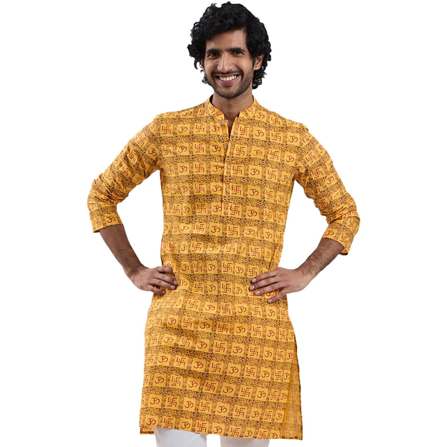VASTRAMAY Mens Om & Swastika Kurta  Lightweight Ethnic Wear for Pujas, Shivratri & Festive Occasions Yellow