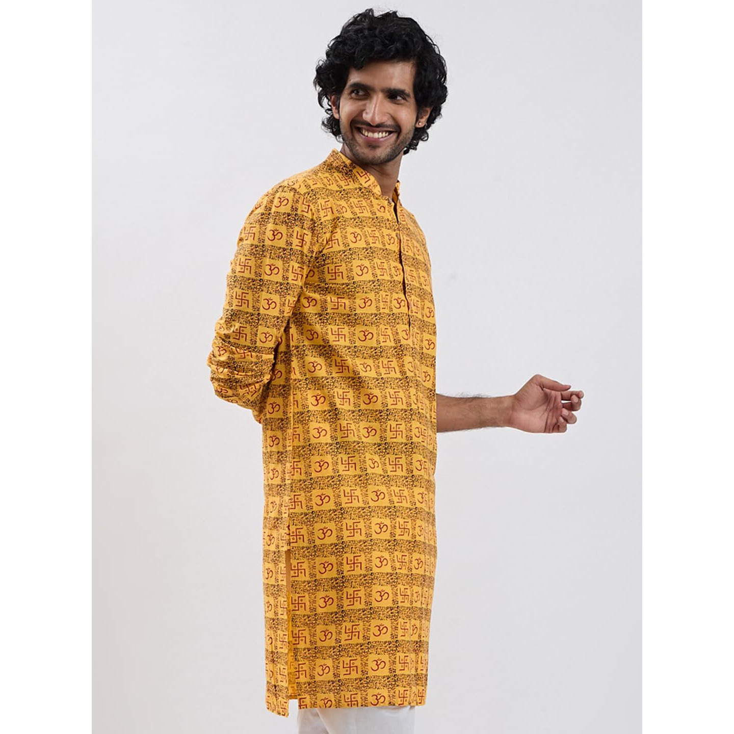 VASTRAMAY Mens Om & Swastika Kurta  Lightweight Ethnic Wear for Pujas, Shivratri & Festive Occasions Yellow