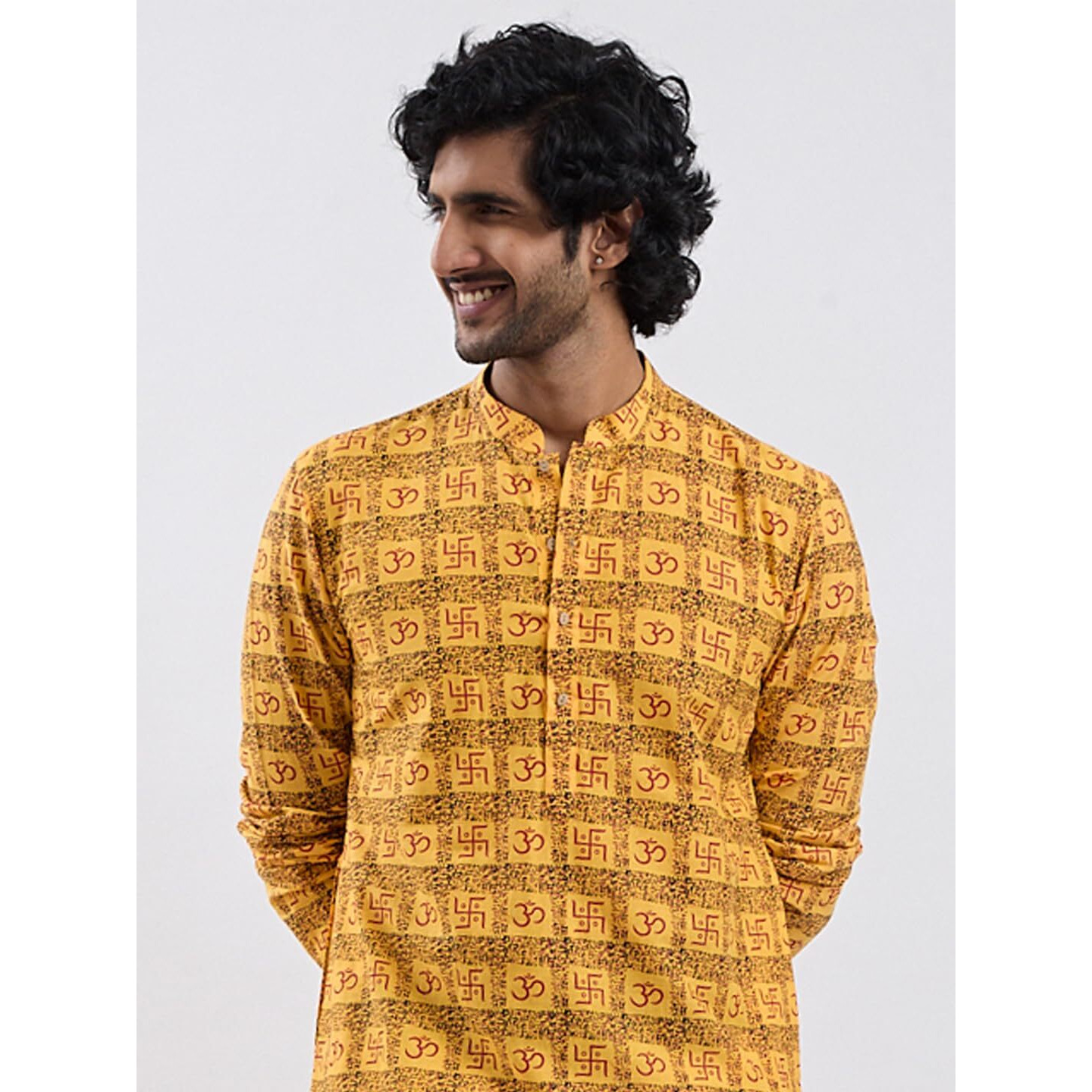VASTRAMAY Mens Om & Swastika Kurta  Lightweight Ethnic Wear for Pujas, Shivratri & Festive Occasions Yellow
