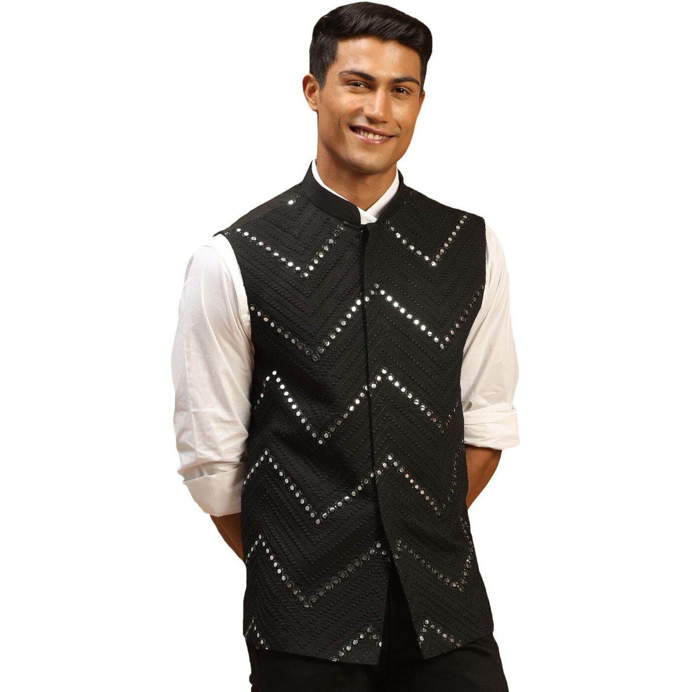 VASTRAMAY Men's Black Mirror Work Nehru Jacket | Mirror Work Chevron Pattern Chic Jacket For Men