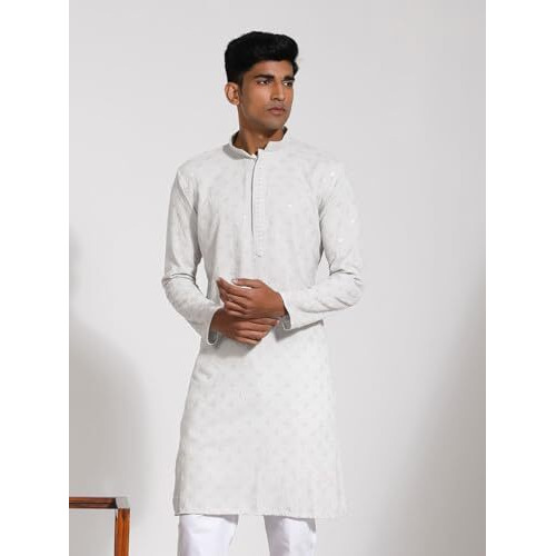 VASTRAMAY Men's Rayon Kurta I Schiffily Embroidered Knee Length Kurta I Traditions Festive Wedding_VASMK430GY_40 Grey