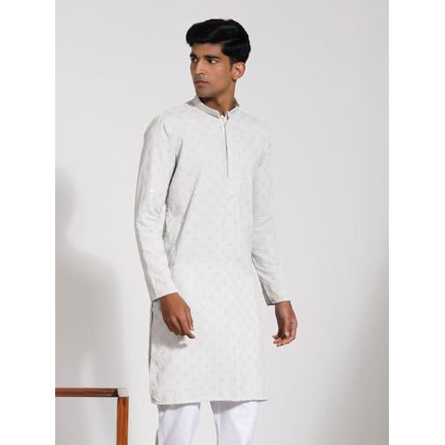 VASTRAMAY Men's Rayon Kurta I Schiffily Embroidered Knee Length Kurta I Traditions Festive Wedding_VASMK430GY_40 Grey