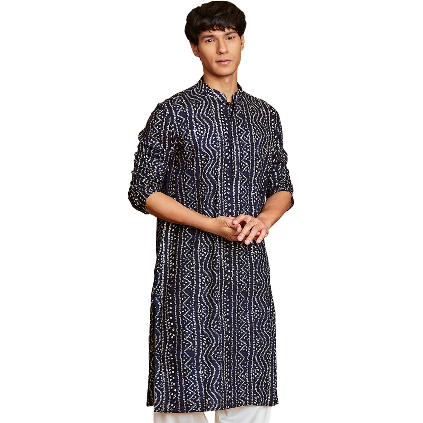 VASTRAMAY Men's Cotton Bandhani Printed Kurta  Stylish Ethnic Wear for Festive & Occasions Navy Blue