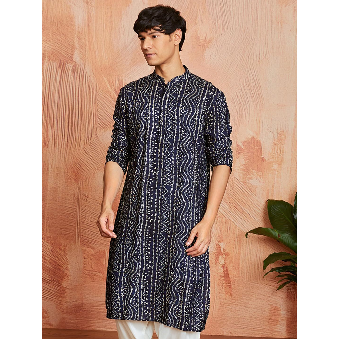 VASTRAMAY Men's Cotton Bandhani Printed Kurta  Stylish Ethnic Wear for Festive & Occasions Navy Blue