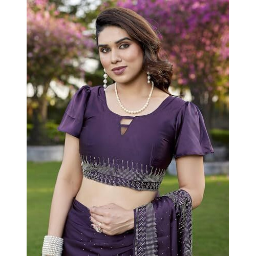 Yashika Women's Bollywood Satin Moss With Swarovski Stone Saree with Blouse |saree for Women | Silk Saree | New Sari | Latest Saree (AZ-YS-P1-SHUBHRA PURPLE)