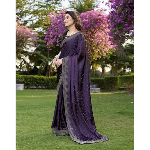 Yashika Women's Bollywood Satin Moss With Swarovski Stone Saree with Blouse |saree for Women | Silk Saree | New Sari | Latest Saree (AZ-YS-P1-SHUBHRA PURPLE)