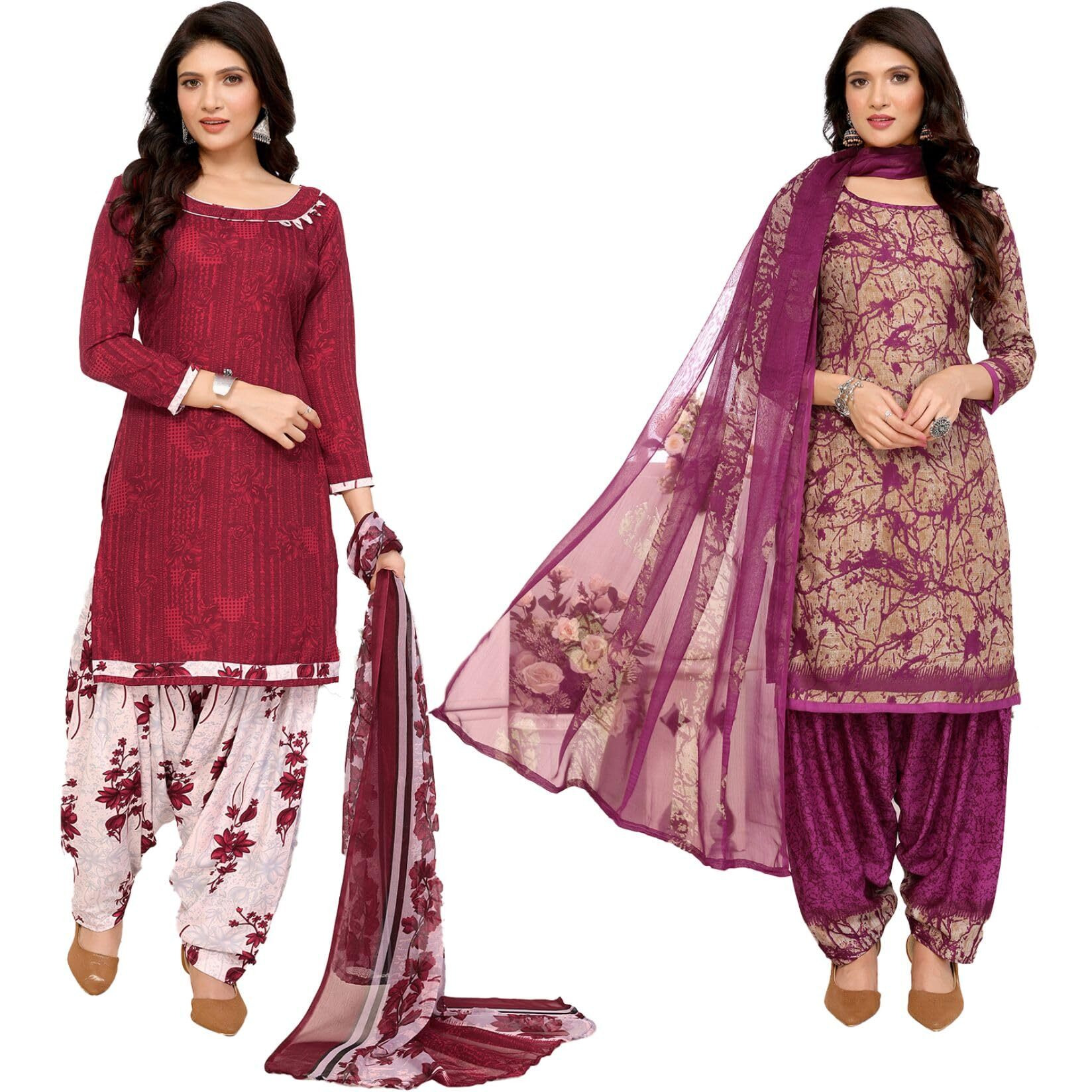 Yashika Women's Crepe Dress Material Set for Women | Unstitched Printed Fabric for Kurta Bottom & Dupatta (YS-NITU WINE-ADDA WINE)