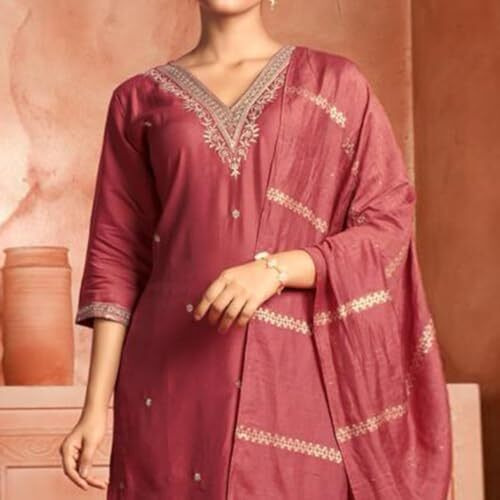 Yashika Women's Pure Cotton Straight Kurta Pant With Dupatta Set, Elegant Embroidery - Perfect for Every Occasion (AZ-YS-OG-KS2104-M) Peach