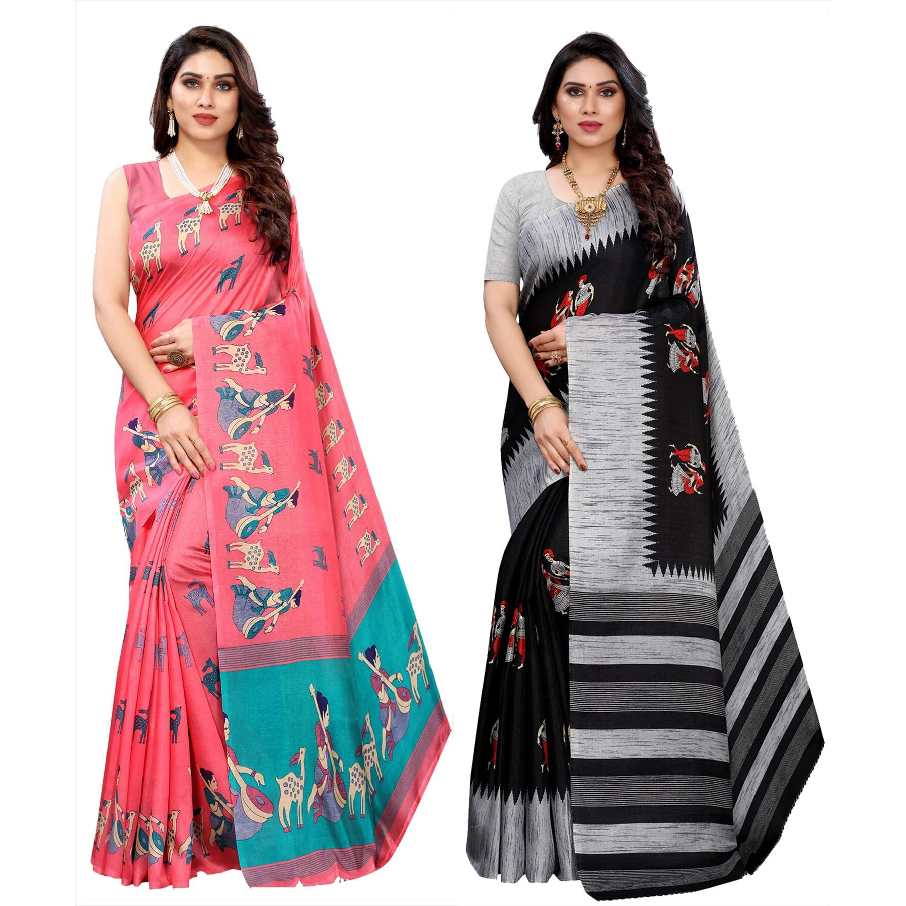 Yashika Women's Combo Art Silk Printed Saree With Blouse Piece Pack Of 2(MAITHALI PINK-NAURTA BLACK)