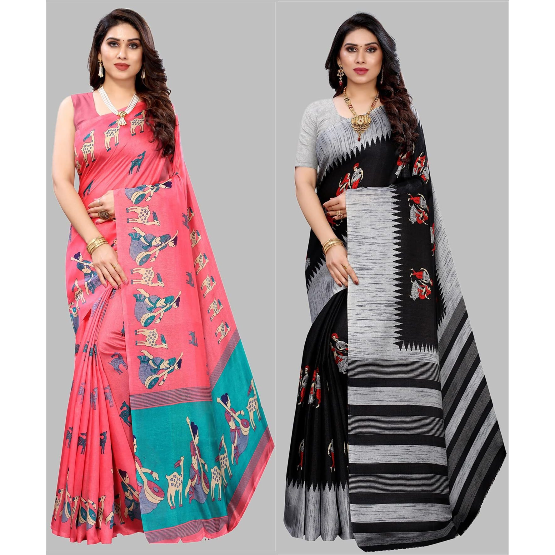 Yashika Women's Combo Art Silk Printed Saree With Blouse Piece Pack Of 2(MAITHALI PINK-NAURTA BLACK)