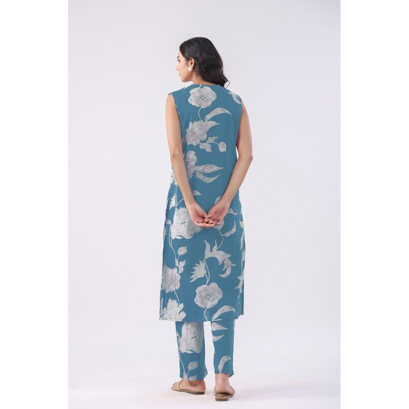 ANNI DESIGNER Women's Rayon Viscose Straight Printed Kurta with Pant (Teras Sky Blue_L_Sky Blue_Large)