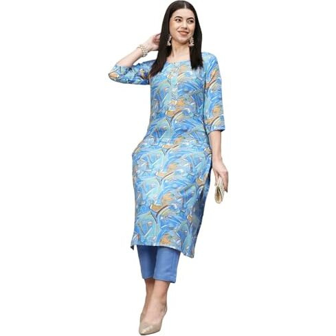 ANNI DESIGNER Women's Cotton Blend Straight Printed Kurta with Pant (UOP Sky Blue-NW_L_Sky Blue_Large)