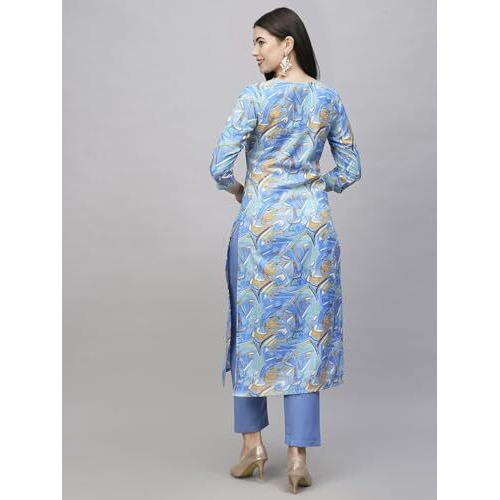 ANNI DESIGNER Women's Cotton Blend Straight Printed Kurta with Pant (UOP Sky Blue-NW_L_Sky Blue_Large)