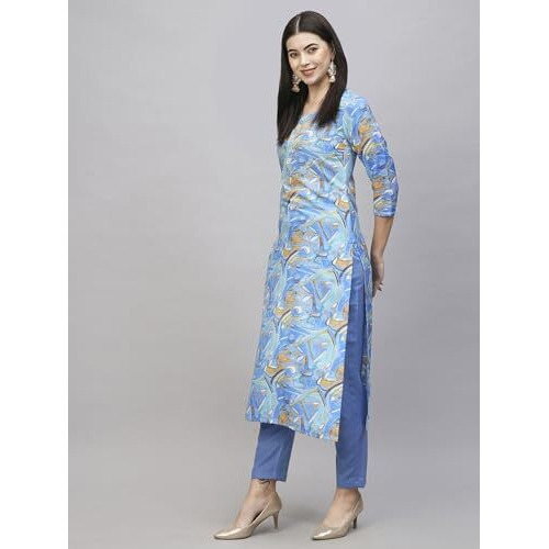 ANNI DESIGNER Women's Cotton Blend Straight Printed Kurta with Pant (UOP Sky Blue-NW_L_Sky Blue_Large)