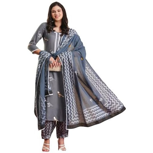 ANNI DESIGNER Women's Rayon Blend Straight Hand Block Printed Kurta with Pant & Dupatta (RAGSRI Grey-VKS03_M_Grey_Medium)