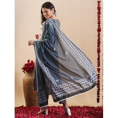 ANNI DESIGNER Women's Rayon Blend Straight Hand Block Printed Kurta with Pant & Dupatta (RAGSRI Grey-VKS03_M_Grey_Medium)