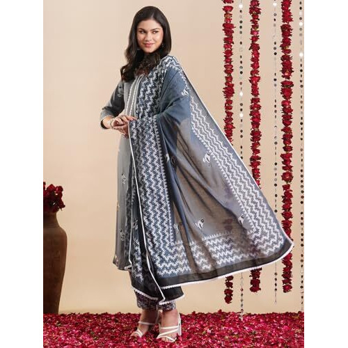 ANNI DESIGNER Women's Rayon Blend Straight Hand Block Printed Kurta with Pant & Dupatta (RAGSRI Grey-VKS03_M_Grey_Medium)