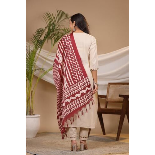 ANNI DESIGNER Women's Cotton Blend Straight Embroidered Kurta with Pant & Dupatta (DD Beige_L_Beige_Large)