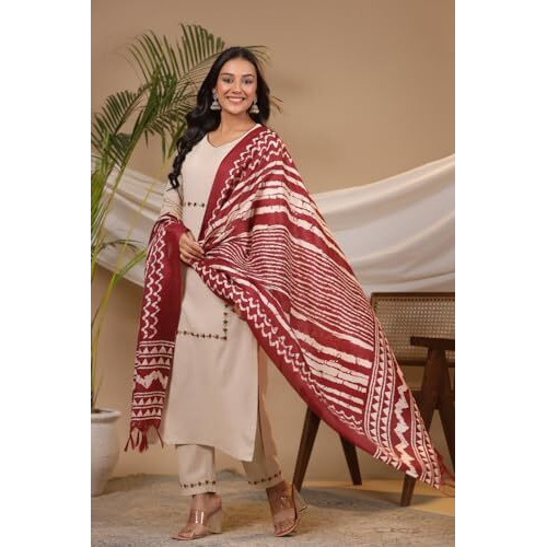 ANNI DESIGNER Women's Cotton Blend Straight Embroidered Kurta with Pant & Dupatta (DD Beige_L_Beige_Large)