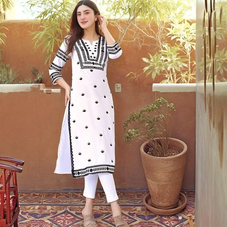 ANNI DESIGNER Women's Rayon Viscose Chikankari Embroidered Straight Kurta (Stho White-VKS01_S_White_Small)