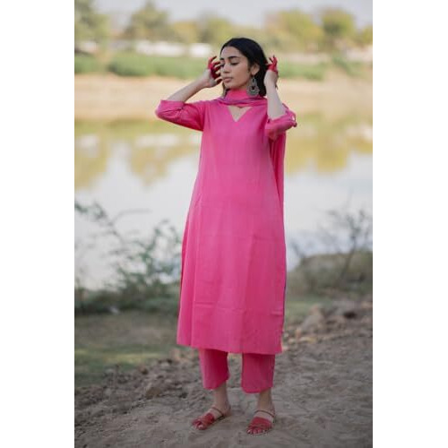 ANNI DESIGNER Women's Rayon Blend Solid Straight Kurta with Pant & Dupatta (JANEU Pink_XXL_Pink_XX-Large)