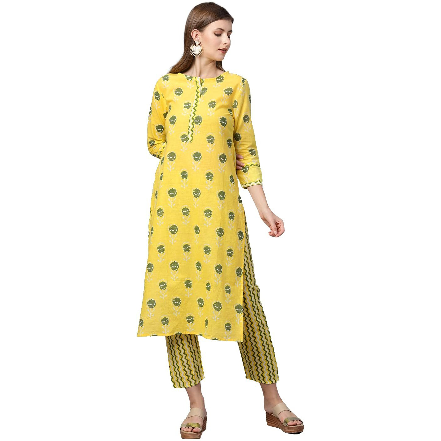 ANNI DESIGNER Women's Cotton Straight Kurta with Pant (Ati_Yellow_L_Yellow_Large)