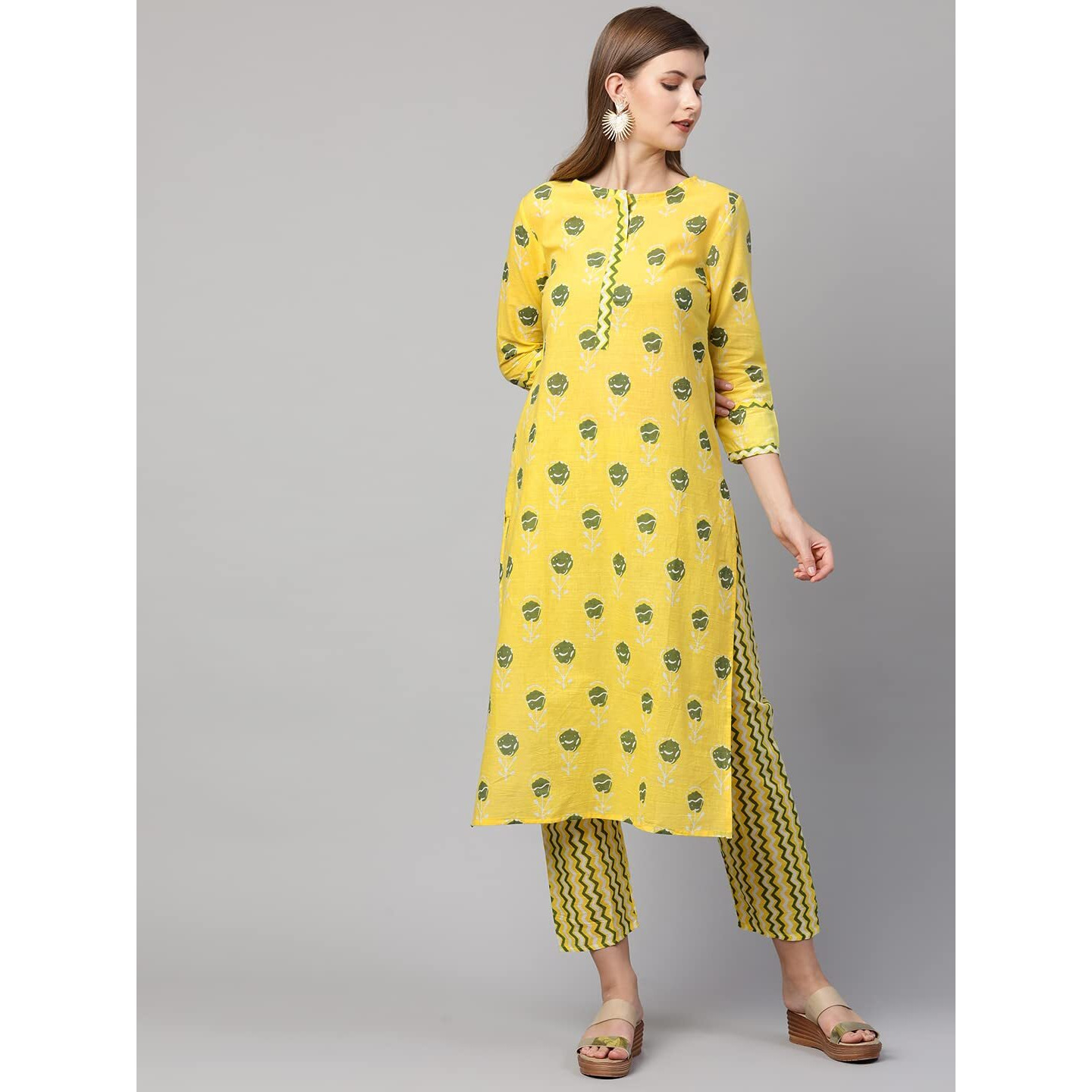 ANNI DESIGNER Women's Cotton Straight Kurta with Pant (Ati_Yellow_L_Yellow_Large)