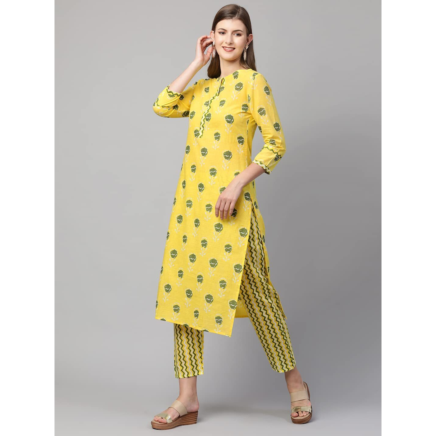 ANNI DESIGNER Women's Cotton Straight Kurta with Pant (Ati_Yellow_L_Yellow_Large)