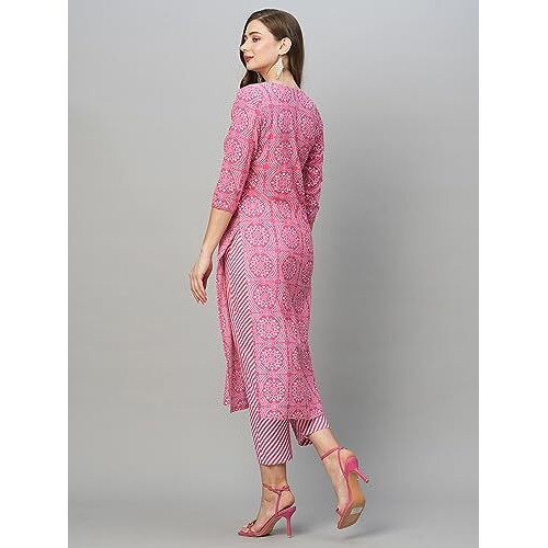 ANNI DESIGNER Women's Cotton Blend Straight Printed Kurta with Pant (Jeet Pink_XXL_Pink_XX-Large)