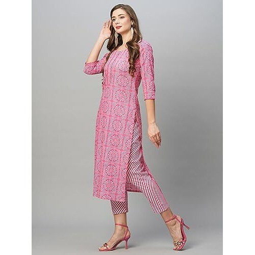 ANNI DESIGNER Women's Cotton Blend Straight Printed Kurta with Pant (Jeet Pink_XXL_Pink_XX-Large)