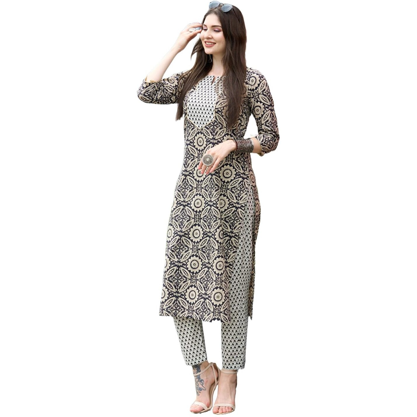 ANNI DESIGNER Women's Cotton Blend Straight Printed Kurta with Pant Set (Vibi Grey_XL_Grey_X-Large)