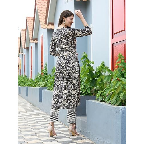 ANNI DESIGNER Women's Cotton Blend Straight Printed Kurta with Pant Set (Vibi Grey_XL_Grey_X-Large)