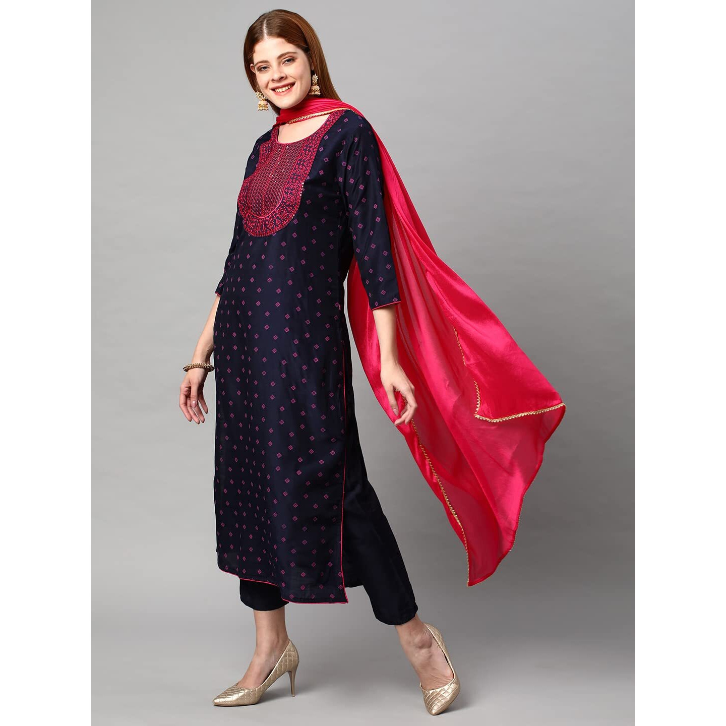 ANNI DESIGNER Women's Cotton Blend Printed Straight Kurta with Pant & Dupatta (Bhujia Blue-Nw_S_Blue_Small)