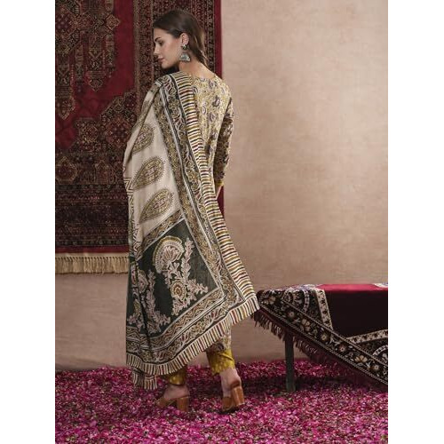 ANNI DESIGNER Women's Cotton Blend Straight Printed Kurta with Pant & Dupatta (MRIDUL Mustard_XXL_Mustard_XX-Large)