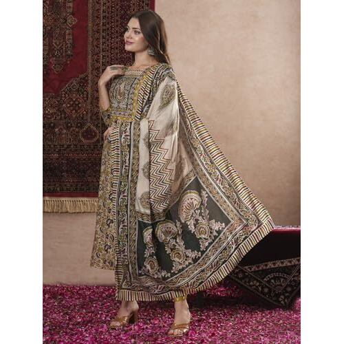 ANNI DESIGNER Women's Cotton Blend Straight Printed Kurta with Pant & Dupatta (MRIDUL Mustard_XXL_Mustard_XX-Large)
