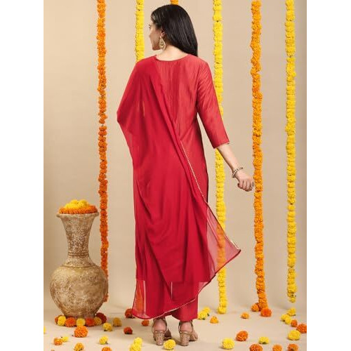 ANNI DESIGNER Women's Rayon Viscose Straight Embroidered Kurta with Pant & Dupatta (GALPATIYO Red_S_Red_Small)