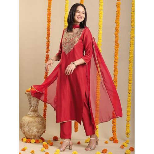 ANNI DESIGNER Women's Rayon Viscose Straight Embroidered Kurta with Pant & Dupatta (GALPATIYO Red_S_Red_Small)