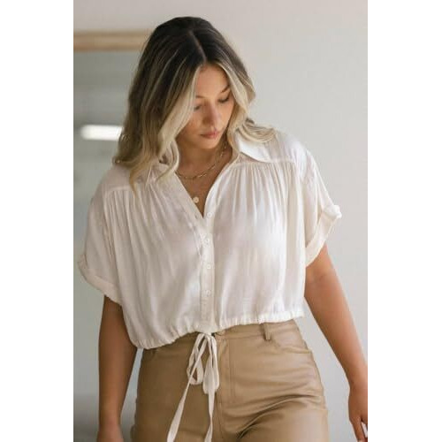 ANNI DESIGNER Women's Short Sleeve Shirt Vintage V-Neck Cotton Blend Solid Regular Buttons Top (LILO White_XXL_White_XX-Large)